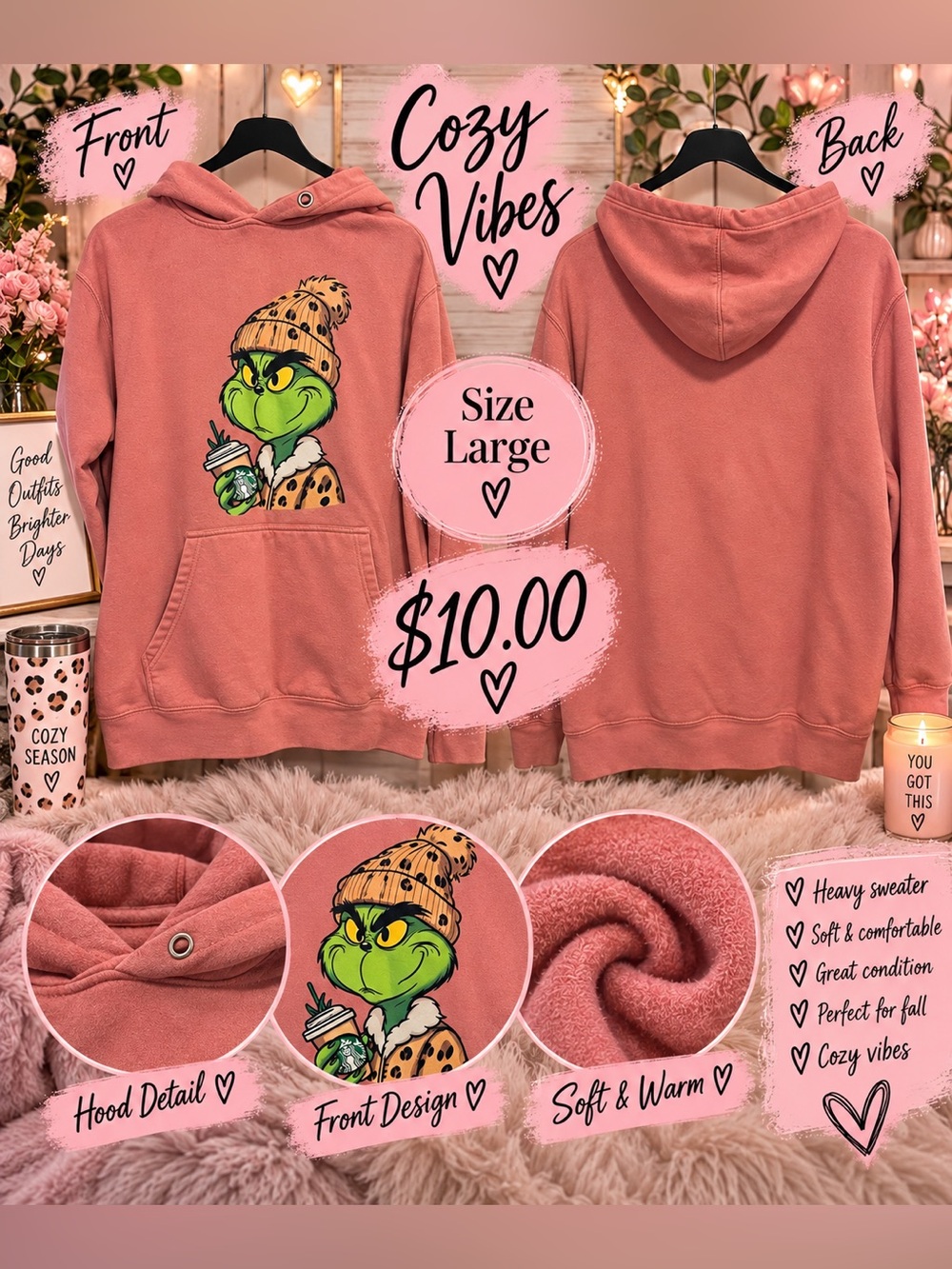 Plush Pink Grinch Graphic Hoodie - Cozy Pullover Sweatshirt